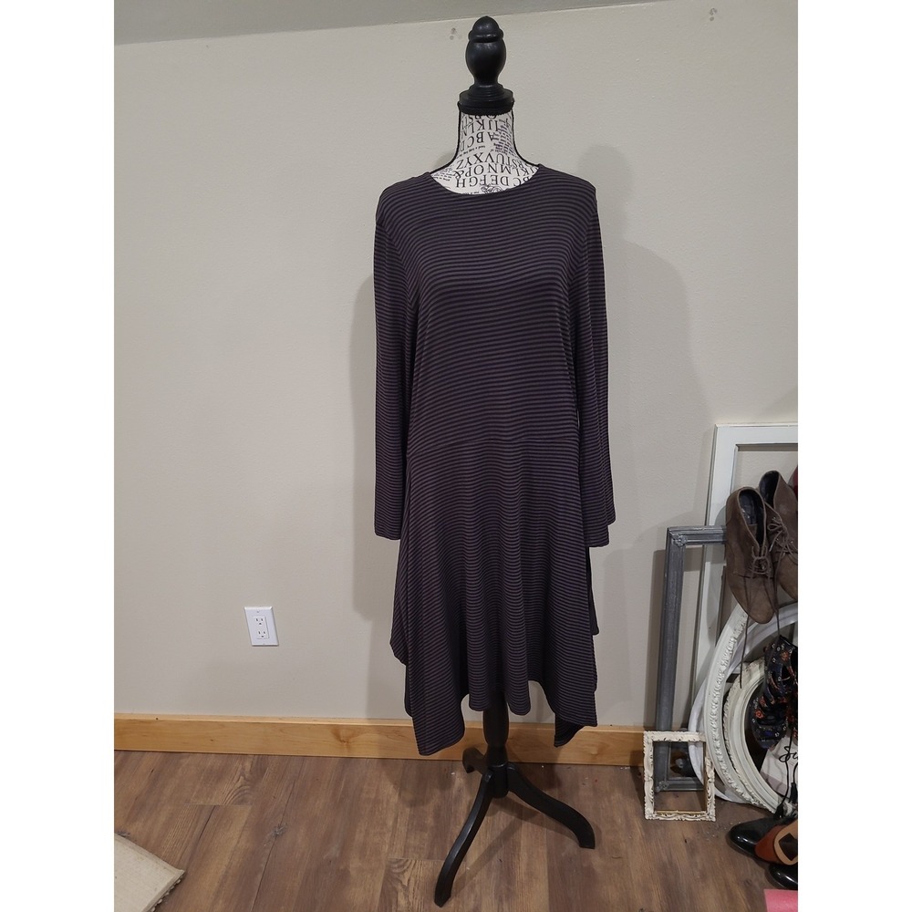 Bryn Walker Black gray striped asymetrical lagenlook stretchy knit dress Women M